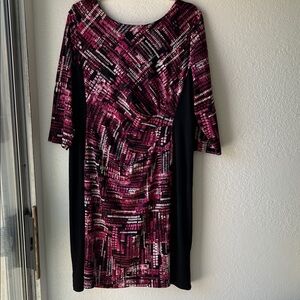 Liz Claiborne Black and Pink Patterned Long Sleeve Sheath Dress